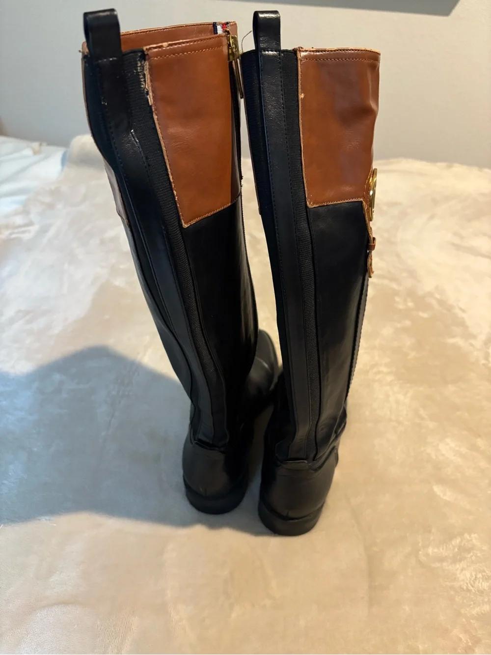 Tommy Hilfiger Black and Brown Leather Riding Boots with Gold Logo